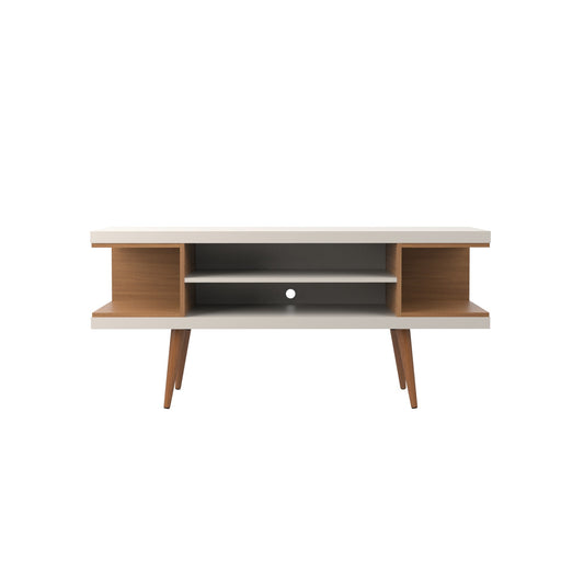 Utopia 53.14" TV Stand with Splayed Wooden Legs and 4 Shelves in Off White and Maple Cream