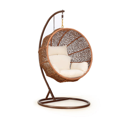 Zolo Metal and Rattan Hanging Lounge Egg Patio Swing with Cream Cushion