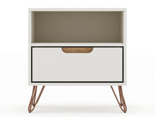 Rockefeller 1.0 Mid-Century- Modern Nightstand with 1-Drawer in Off White and Nature