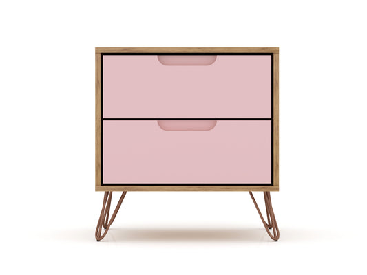 Rockefeller 2.0 Mid-Century- Modern Nightstand with 2-Drawer in Nature and Rose Pink
