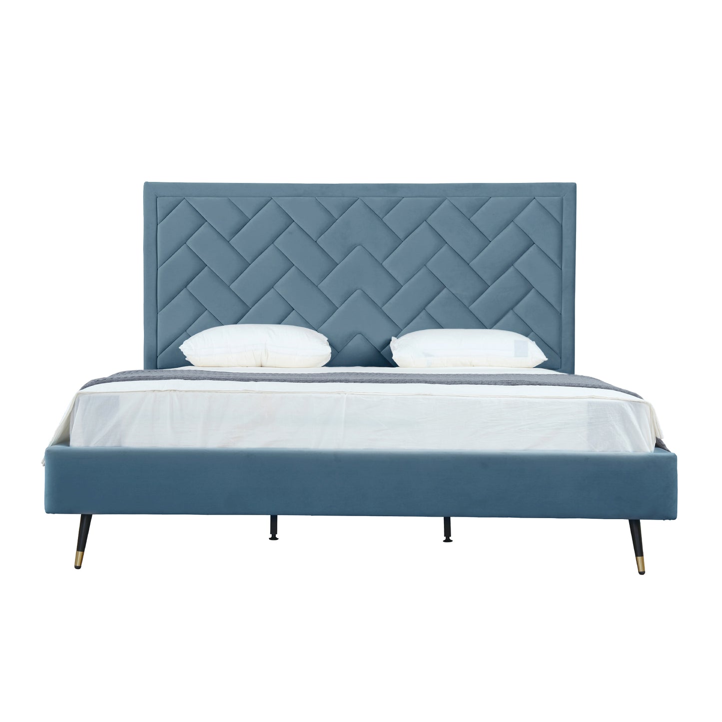 Crosby Modern King-Size Upholstered Velvet Bedframe and Headboard in Blue