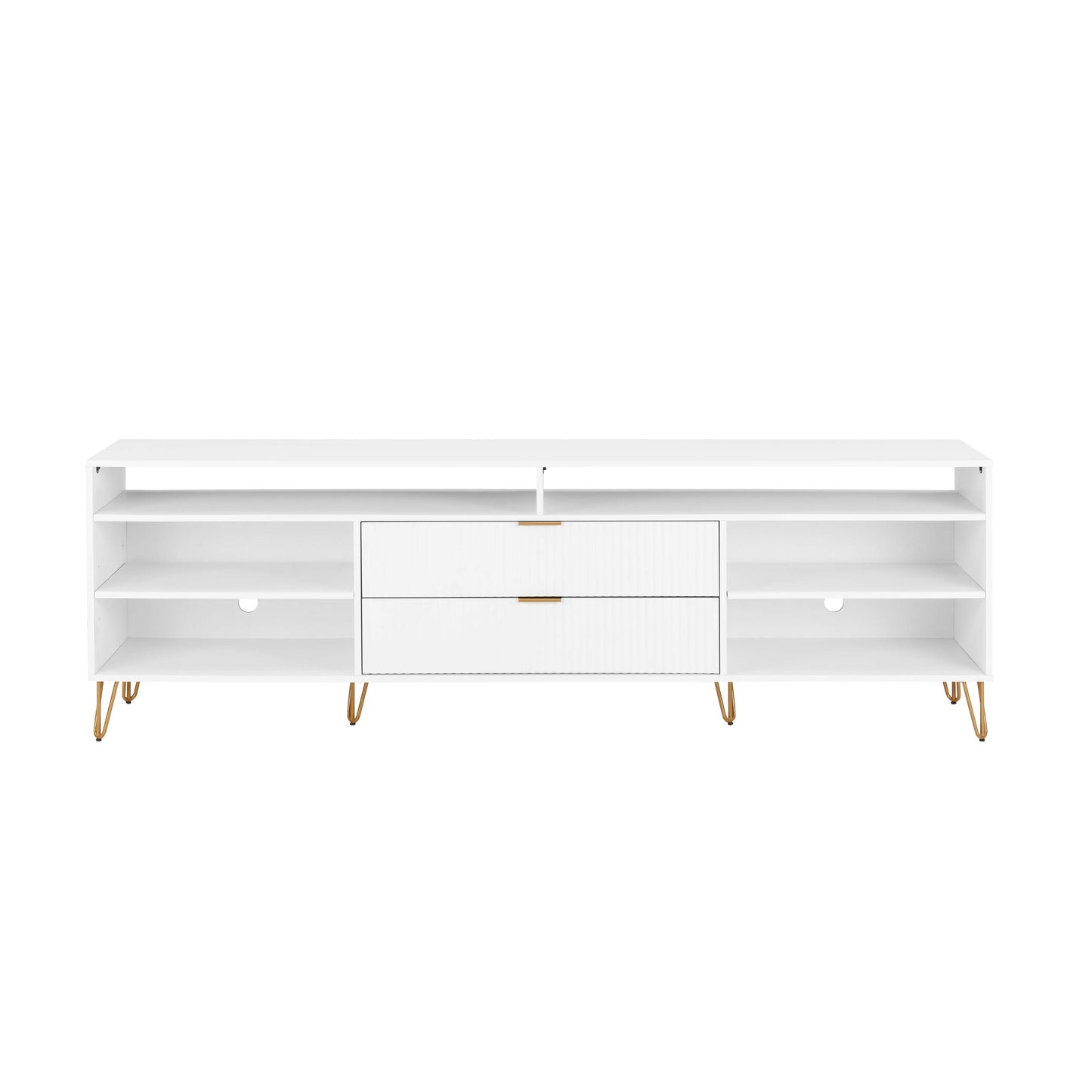 DUMBO 85" Mid-Century Modern TV Stand with 6 Shelves and 2 Drawers in White