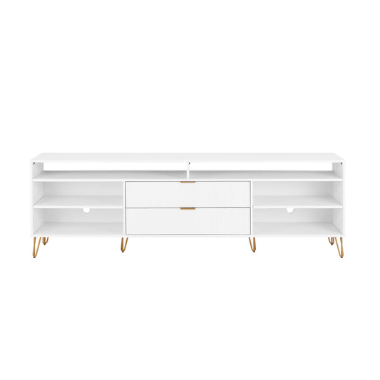 DUMBO 85" Mid-Century Modern TV Stand with 6 Shelves and 2 Drawers in White