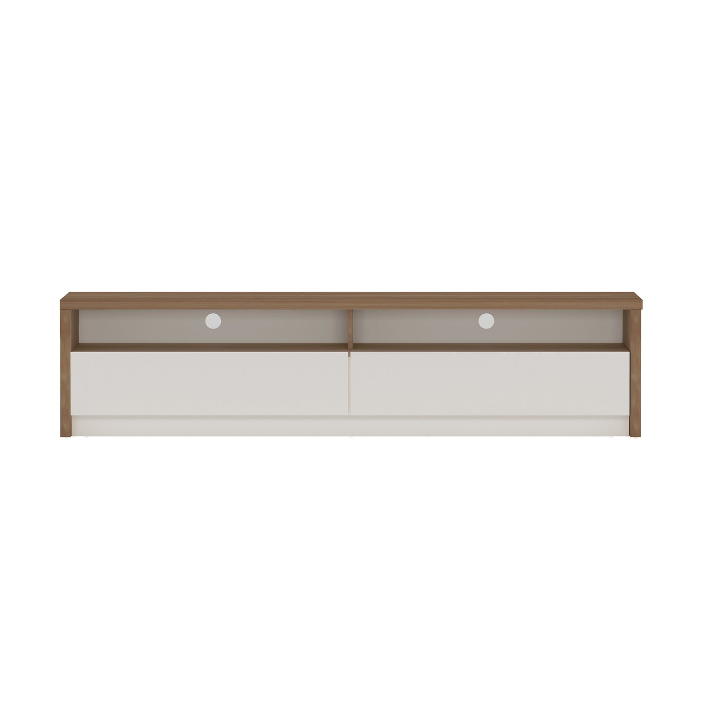 Contemporary Duncan 70" TV Stand with Easy Snap Assembly and Full Extension Drawers in Maple and Off White