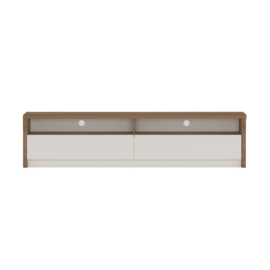 Contemporary Duncan 70" TV Stand with Easy Snap Assembly and Full Extension Drawers in Maple and Off White